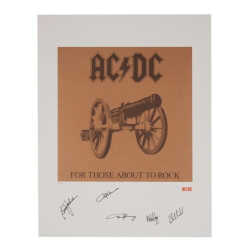 Lot # 9. Brian Johnson, Angus Young, Malcolm Young, Phil Rudd and Cliff Williams-Autographed Limited Edition For Those About to Rock We Salute You Album Cover Print, 2012 ### AC/DC