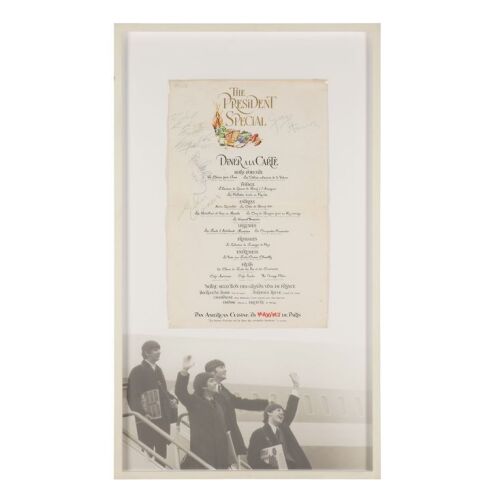 Lot # 17. John Lennon, Paul McCartney, George Harrison, and Ringo Starr-Autographed Framed Pan Am Menu from Their First Flight to the USA, 1964 ### BEATLES, THE