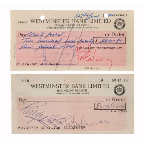 Lot # 18. John Lennon, Paul McCartney, George Harrison, and Ringo Starr-Autographed Westminster Bank Cheques ### BEATLES, THE