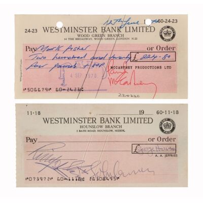Lot # 18. John Lennon, Paul McCartney, George Harrison, and Ringo Starr-Autographed Westminster Bank Cheques ### BEATLES, THE