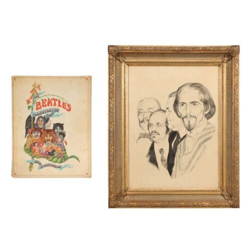 Lot # 20. Framed ''When I'm Sixty-Four'' Original Hand-Painted Artwork by Michael Leonard and The Beatles Illustrated Lyrics Book, 1968 and 1969 ### BEATLES, THE