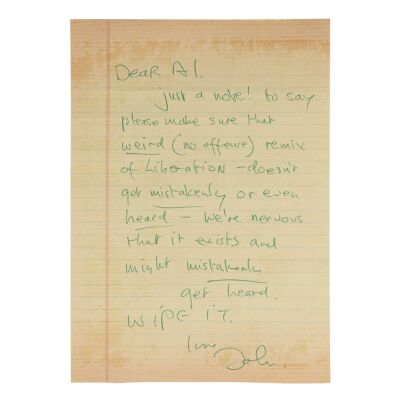 Lot # 32. John Lennon-Handwritten Letter to Apple Records Producer Al Steckler Regarding the Elephant's Memory Song "Liberation Special" ### JOHN LENNON