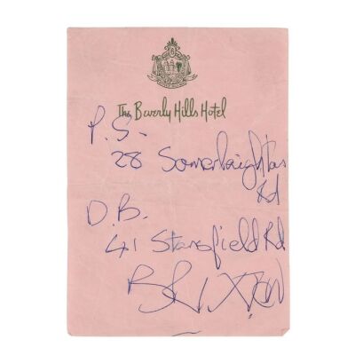 Lot # 76. David Bowie Handwritten Note, 1982 ### DAVID BOWIE