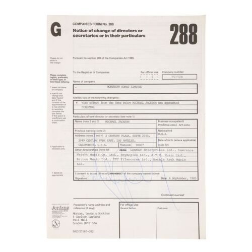 Lot # 147. Michael Jackson-Signed Northern Songs Ltd Change of Directors Contract Page, 1985 ### MICHAEL JACKSON