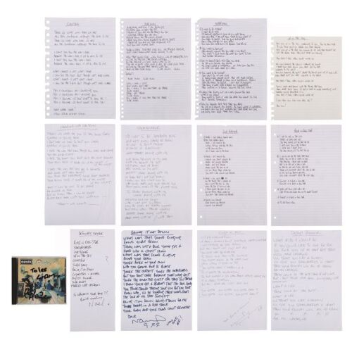 Lot # 172. Complete Set of Noel Gallagher Handwritten Definitely Maybe Album Song Lyrics, Handwritten Track Listing and Noel Gallagher, Liam Gallagher, Paul ''Guigsy'' McGuigan, Paul ''Bonehead'' Arthurs, and Tony McCarroll-Autographed CD ### OASIS
