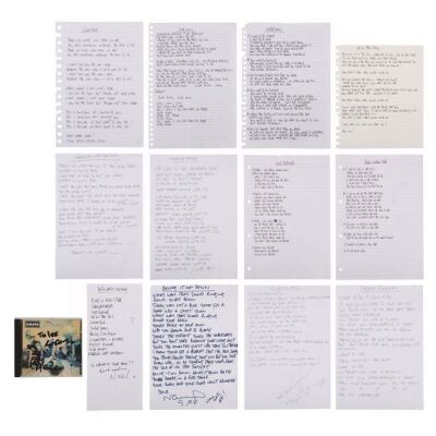 Lot # 172. Complete Set of Noel Gallagher Handwritten Definitely Maybe Album Song Lyrics, Handwritten Track Listing and Noel Gallagher, Liam Gallagher, Paul ''Guigsy'' McGuigan, Paul ''Bonehead'' Arthurs, and Tony McCarroll-Autographed CD ### OASIS