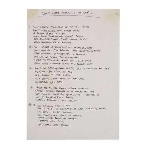 Lot # 178. Noel Gallagher Handwritten "Don't Look Back In Anger" Lyrics ### OASIS