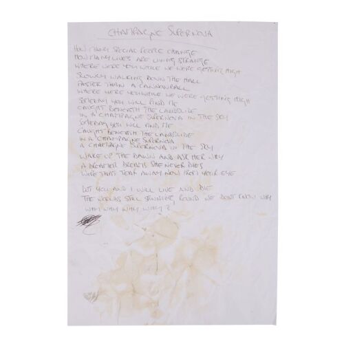 Lot # 184. Noel Gallagher Handwritten ''Champagne Supernova'' Lyrics ### OASIS