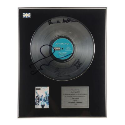 Lot # 188. Noel Gallagher, Paul ''Bonehead'' Arthurs , Tony McCarroll, and Alan McGee-Autographed Definitely Maybe Platinum Disc Award ### OASIS