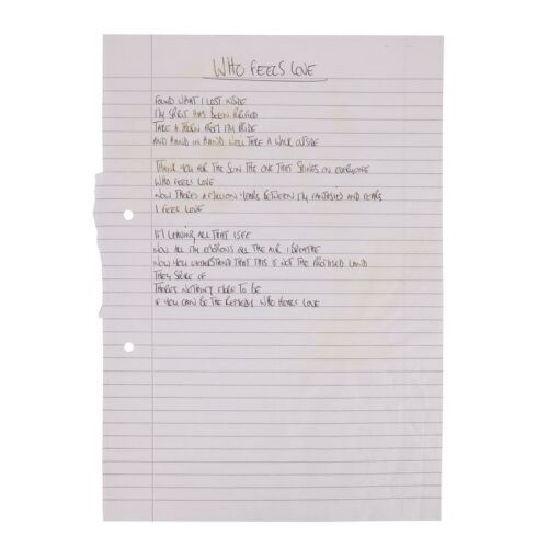 Lot # 203. Noel Gallagher Handwritten ''Who Feels Love?'' Lyrics ### OASIS