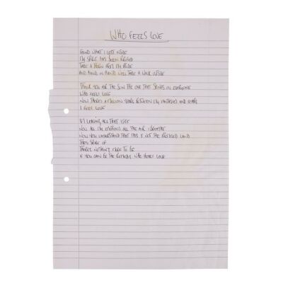 Lot # 203. Noel Gallagher Handwritten ''Who Feels Love?'' Lyrics ### OASIS