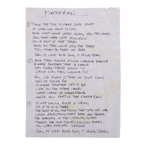 Lot # 206. Noel Gallagher Handwritten "The Masterplan" Lyrics ### OASIS