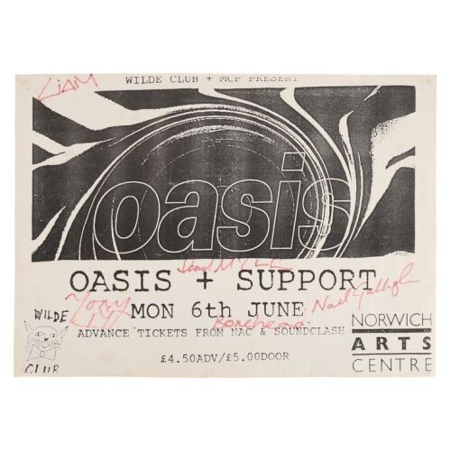 Lot # 208. Noel Gallagher, Liam Gallagher, Paul "Bonehead" Arthurs, Paul McGuigan, and Tony McCarroll-Autographed Concert Poster, 1994 ### OASIS