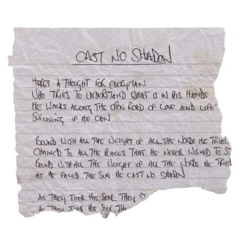 Lot # 215. Noel Gallagher Handwritten "Cast No Shadow" Partial Lyrics ### OASIS