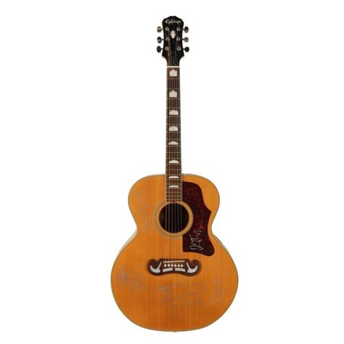 Lot # 219. Noel Gallagher, Liam Gallagher, Paul "Bonehead" Arthurs, Paul "Guigsy" McGuigan and Alan White-Autographed Epiphone EJ200 Acoustic Guitar ### OASIS