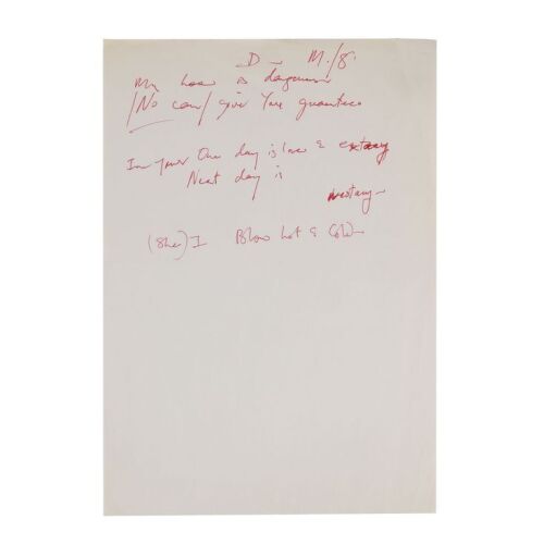 Lot # 261. The Reinhold Mack Collection: Freddie Mercury Handwritten ''My Love Is Dangerous'' Chorus Working Lyrics ### FREDDIE MERCURY