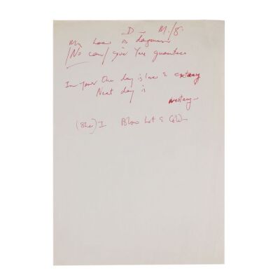 Lot # 261. The Reinhold Mack Collection: Freddie Mercury Handwritten ''My Love Is Dangerous'' Chorus Working Lyrics ### FREDDIE MERCURY