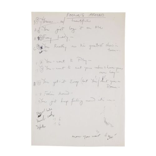 Lot # 263. The Reinhold Mack Collection: Freddie Mercury Handwritten ''Foolin' Around'' Early Version Opening Verse and Refrain Lyrics ### FREDDIE MERCURY