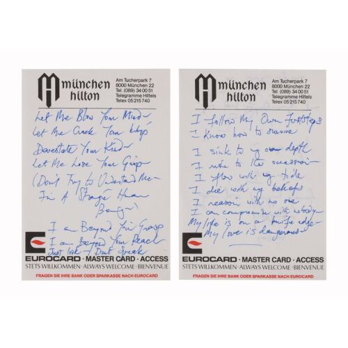 Lot # 283. The Reinhold Mack Collection: Freddie Mercury Handwritten ''My Love Is Dangerous'' Working Lyrics on Munich Hilton Hotel Stationery ### FREDDIE MERCURY
