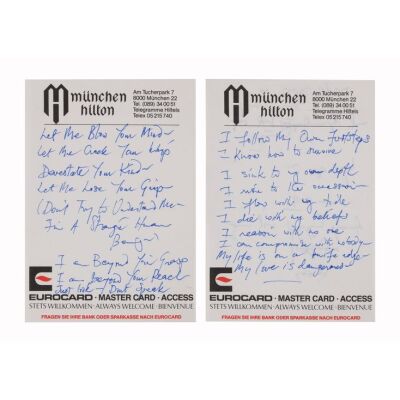 Lot # 283. The Reinhold Mack Collection: Freddie Mercury Handwritten ''My Love Is Dangerous'' Working Lyrics on Munich Hilton Hotel Stationery ### FREDDIE MERCURY