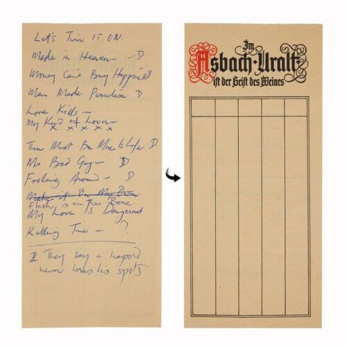 Lot # 289. The Reinhold Mack Collection: Freddie Mercury Handwritten Mr. Bad Guy Album Tracklist on Asbach Uralt Branded Paper ### FREDDIE MERCURY