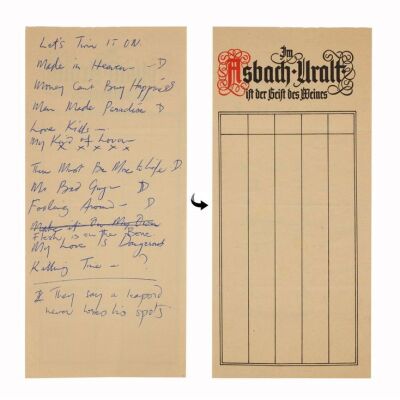 Lot # 289. The Reinhold Mack Collection: Freddie Mercury Handwritten Mr. Bad Guy Album Tracklist on Asbach Uralt Branded Paper ### FREDDIE MERCURY
