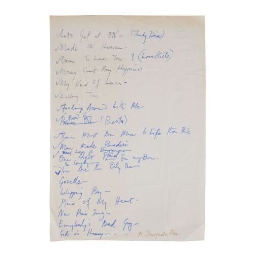 Lot # 293. The Reinhold Mack Collection: Freddie Mercury Handwritten Mr. Bad Guy Album Tracklist ### FREDDIE MERCURY