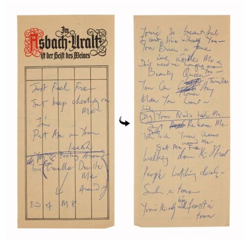 Lot # 300. The Reinhold Mack Collection: Freddie Mercury Handwritten ''Foolin' Around'' Working Lyrics on Asbach Uralt Branded Paper ### FREDDIE MERCURY