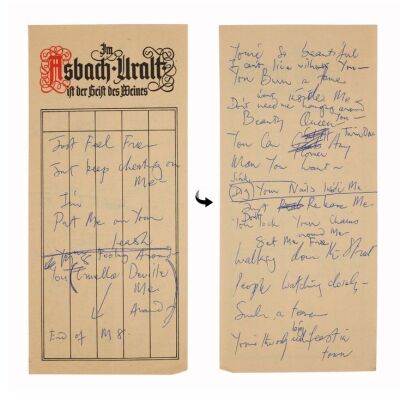 Lot # 300. The Reinhold Mack Collection: Freddie Mercury Handwritten ''Foolin' Around'' Working Lyrics on Asbach Uralt Branded Paper ### FREDDIE MERCURY
