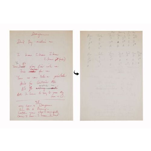 Lot # 301. The Reinhold Mack Collection: Freddie Mercury Handwritten "My Love Is Dangerous" Working Lyrics ### FREDDIE MERCURY