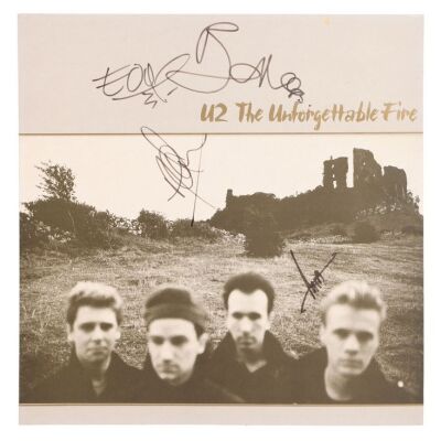 Lot # 375. Bono, The Edge, Adam Clayton and Larry Mullen Jr.-Autographed The Unforgettable Fire Album Sleeve ### U2