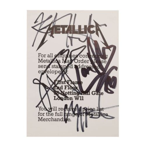 Lot # 134. James Hetfield, Kirk Hammett, Lars Ulrich and Cliff Burton-Autographed Merchandise Leaflet ### METALLICA