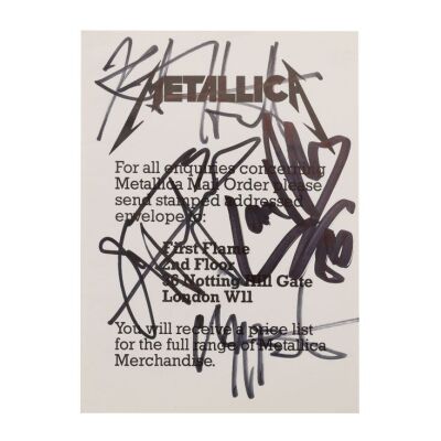 Lot # 134. James Hetfield, Kirk Hammett, Lars Ulrich and Cliff Burton-Autographed Merchandise Leaflet ### METALLICA