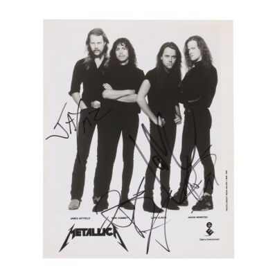 Lot # 136. James Hetfield, Kirk Hammett, Lars Ulrich and Jason Newsted-Autographed Official Band-Released Ross Halfin 8x10 Promo Photo for The Black Album ### METALLICA