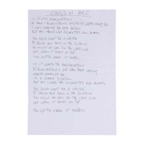 Lot # 192. Noel Gallagher Handwritten "Cigarettes and Alcohol" Lyrics ### OASIS