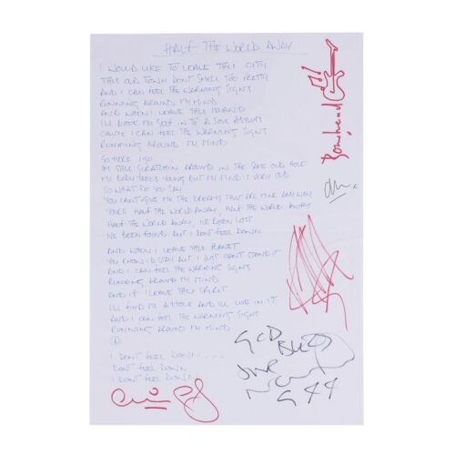 Lot # 194. Noel Gallagher Handwritten "Half the World Away" Lyrics Autographed by Noel Gallagher, Liam Gallagher, Paul "Bonehead" Arthurs, Paul "Guigsy" McGuigan and Alan White ### OASIS