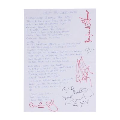 Lot # 194. Noel Gallagher Handwritten "Half the World Away" Lyrics Autographed by Noel Gallagher, Liam Gallagher, Paul "Bonehead" Arthurs, Paul "Guigsy" McGuigan and Alan White ### OASIS