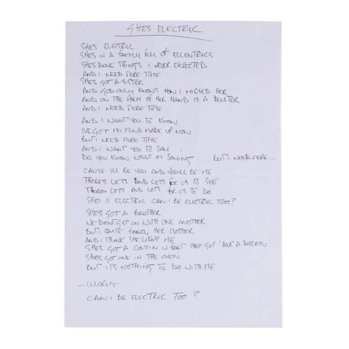 Lot # 196. Noel Gallagher Handwritten "She's Electric" A4 Lyrics ### OASIS