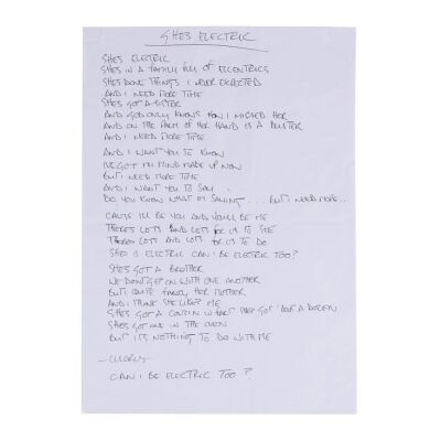 Lot # 196. Noel Gallagher Handwritten "She's Electric" A4 Lyrics ### OASIS