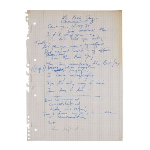 Lot # 272. The Reinhold Mack Collection: Freddie Mercury Handwritten ''Mr. Bad Guy'' Working Draft Lyrics ### FREDDIE MERCURY