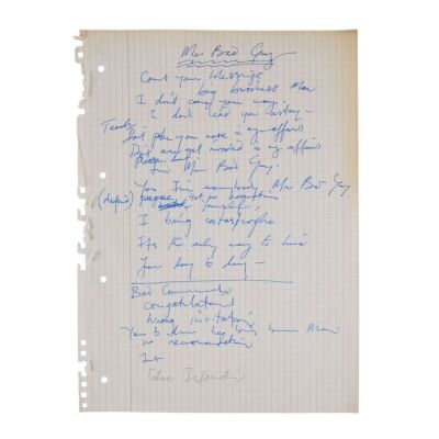 Lot # 272. The Reinhold Mack Collection: Freddie Mercury Handwritten ''Mr. Bad Guy'' Working Draft Lyrics ### FREDDIE MERCURY