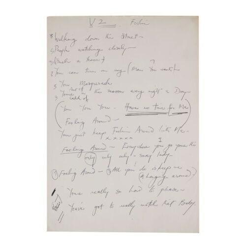 Lot # 277. The Reinhold Mack Collection: Freddie Mercury Handwritten ''Foolin' Around'' Working Lyrics on Notepad ### FREDDIE MERCURY