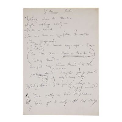 Lot # 277. The Reinhold Mack Collection: Freddie Mercury Handwritten ''Foolin&rsquo; Around'' Working Lyrics on Notepad ### FREDDIE MERCURY