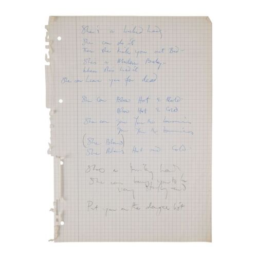 Lot # 279. The Reinhold Mack Collection: Freddie Mercury Handwritten ''She Blows Hot And Cold'' Working Lyrics ### FREDDIE MERCURY