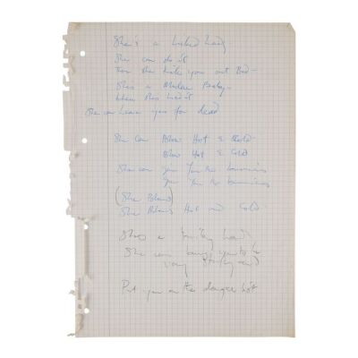 Lot # 279. The Reinhold Mack Collection: Freddie Mercury Handwritten ''She Blows Hot And Cold'' Working Lyrics ### FREDDIE MERCURY
