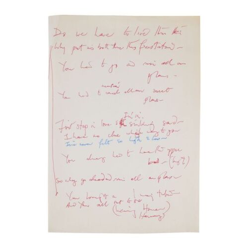 Lot # 281. The Reinhold Mack Collection: Freddie Mercury Handwritten ''Love Me Like There's No Tomorrow'' First Verse Working Lyrics ### FREDDIE MERCURY