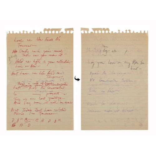 Lot # 302. The Reinhold Mack Collection: Freddie Mercury Handwritten ''Love Me Like There's No Tomorrow'' Working Lyrics ### FREDDIE MERCURY