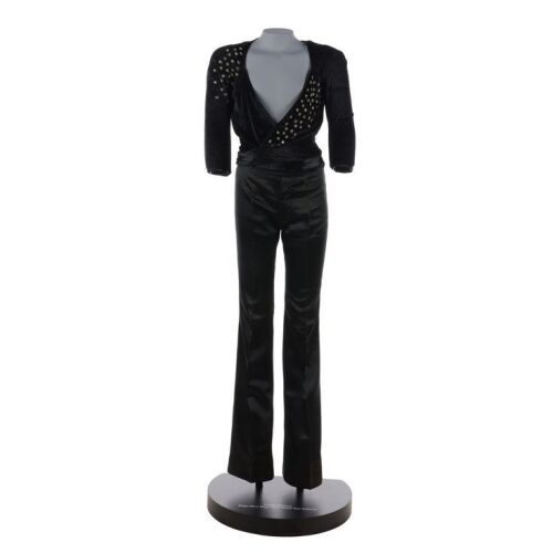 Lot # 303. Freddie Mercury's Screen-And-Photo-Matched Stage-Worn Black Wrap-Around Embellished Top and Flared Trousers Worn During Sheer Heart Attack Tour ### QUEEN