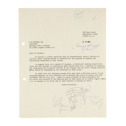 Lot # 330. Mick Jagger, Brian Jones, Keith Richards, Bill Wyman, and Charlie Watts-Signed Extraordinary General Meeting Letter ### ROLLING STONES, THE