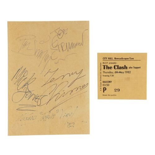 Lot # 454. Paul Simonon, Joe Strummer, Mick Jones, Terry Chimes, and Kosmo Vinyl-Autographed Page And Ticket, 1982 ### CLASH, THE